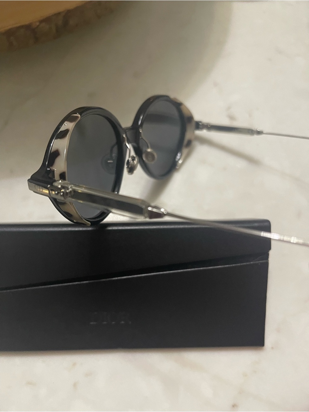 Dior Round Sunglasses with Tortoiseshell Trim and Black Lenses